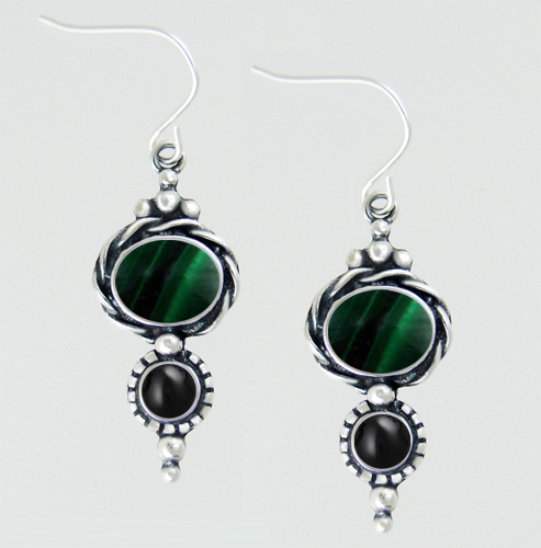 Sterling Silver Drop Dangle Earrings With Malachite And Black Onyx